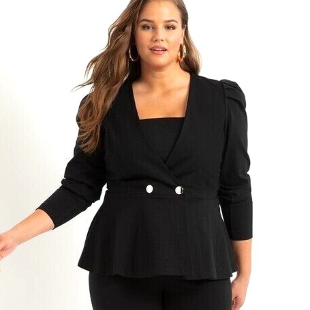 Eloquii Black Peplum Blazer with Button Detail